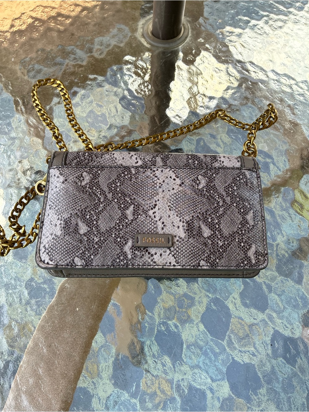 Fossil Gray Snake-Print Crossbody with Gold Chain